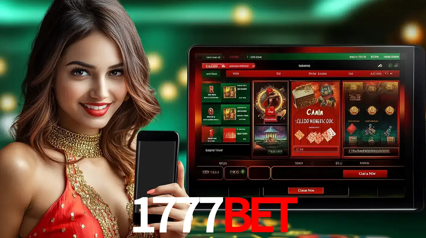 Mulher sorridente segurando um smartphone, ao lado de uma tela exibindo o lobby de jogos do cassino online 1777BET, com várias opções de jogos de cartas e slots.